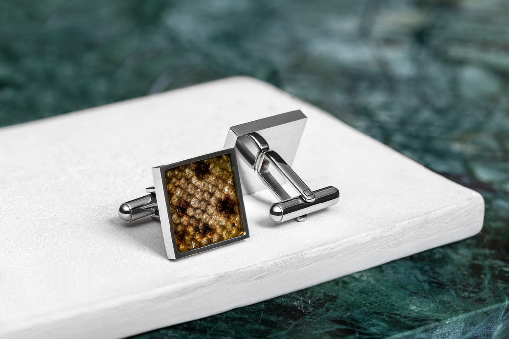 Square Cufflinks – Yellow Leather with Black Spots