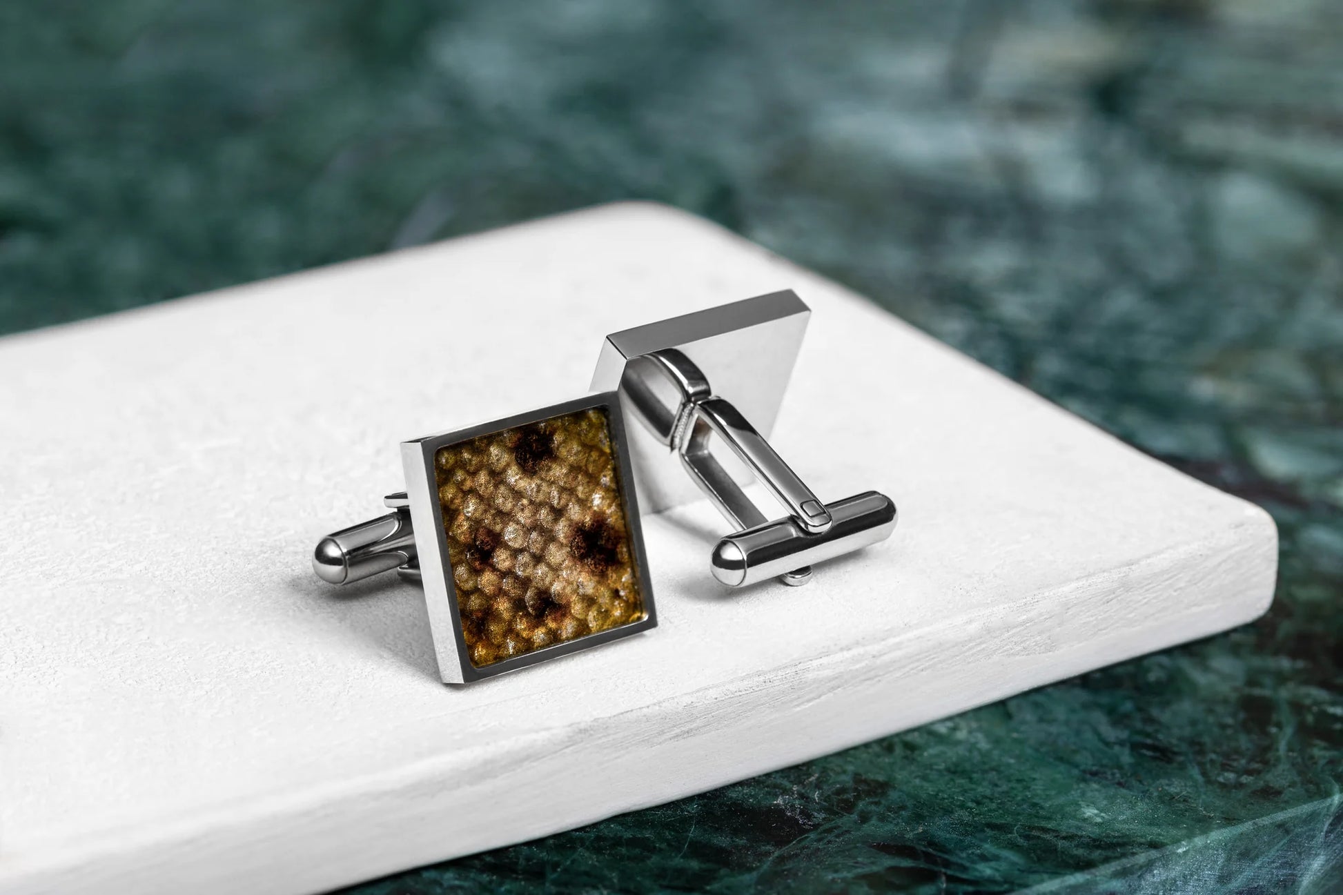 Square Cufflinks – Yellow Leather with Black Spots